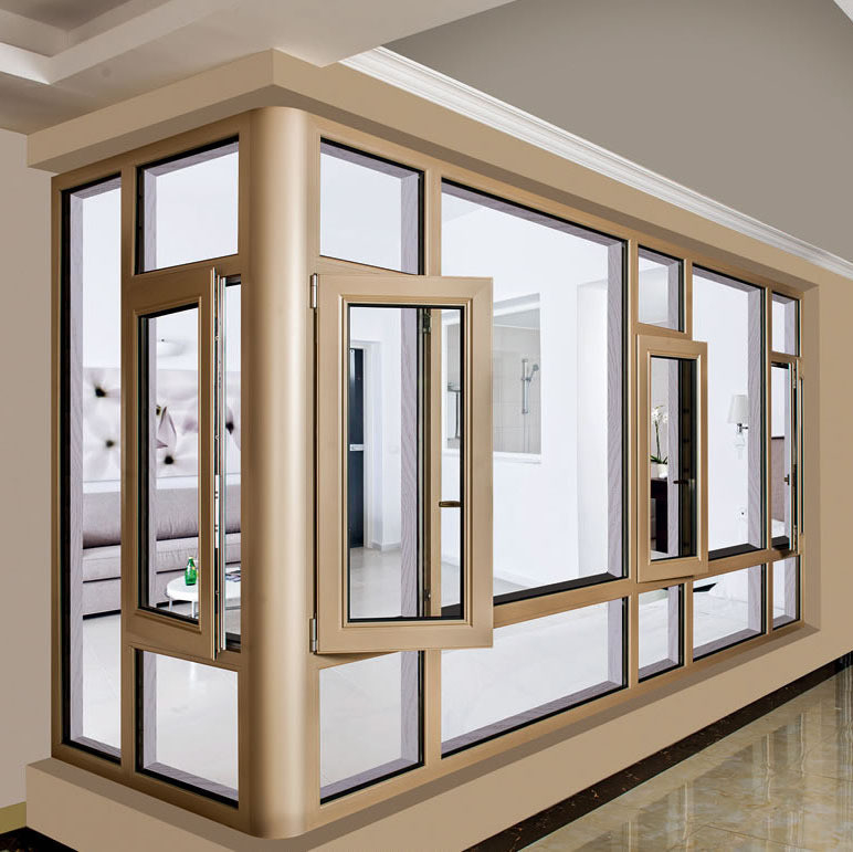 Vidrio templado de aluminio de color champán de aluminio con ventanas de casilla con pantalla plegable