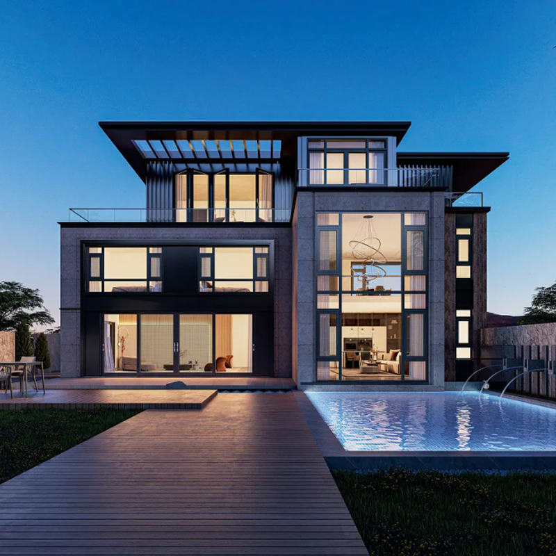 Tipo de cortina Villa colgante Ventanas de cristal con marco de aluminio de 70 mm de ancho y vidrio francés