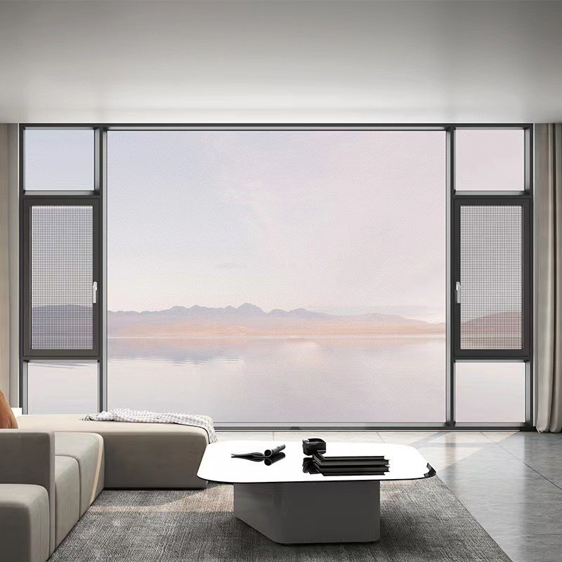 Tipo de cortina colgante de diseño moderno de aluminio negro con ventanas encasilladas para estilo europeo
